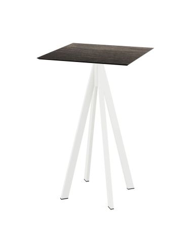 Infinity mange-debout avec piètement blanc + plateau HPL Riverwashed Wood 70x70 cm
