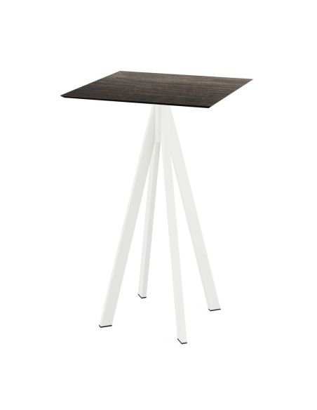 Infinity mange-debout avec piètement blanc + plateau HPL Riverwashed Wood 70x70 cm