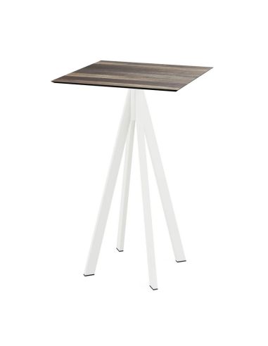 Infinity mange-debout avec piètement blanc + plateau HPL Tropical Wood 70x70 cm