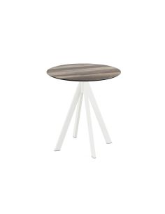 Infinity table de bistrot avec piètement blanc + plateau HPL Tropical Wood Ø70 cm