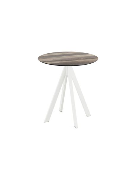 Infinity table de bistrot avec piètement blanc + plateau HPL Tropical Wood Ø70 cm