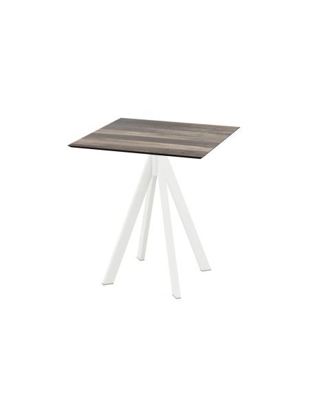 Infinity table de bistrot avec piètement blanc + plateau HPL Tropical Wood 70x70 cm