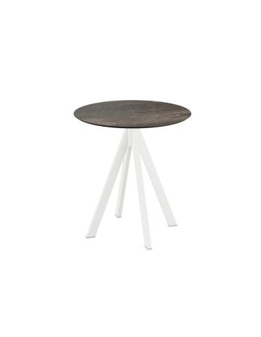 Infinity table de bistrot avec piètement blanc + plateau HPL Riverwashed Wood Ø70 cm