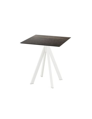Infinity table de bistrot avec piètement blanc + plateau HPL Riverwashed Wood 70x70 cm