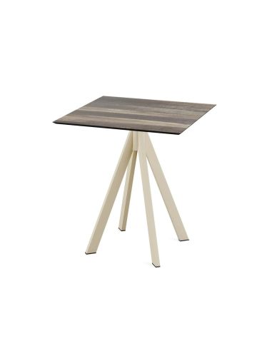 Infinity table de bistrot avec piètement sable + plateau HPL Tropical Wood 70x70 cm