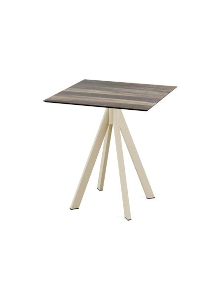 Infinity table de bistrot avec piètement sable + plateau HPL Tropical Wood 70x70 cm