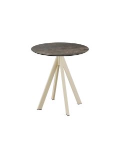 Infinity table de bistrot avec piètement sable + plateau HPL Riverwashed Wood Ø70 cm