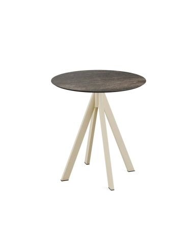 Infinity table de bistrot avec piètement sable + plateau HPL Riverwashed Wood Ø70 cm
