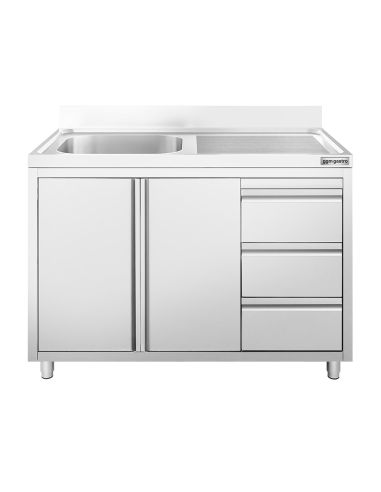 Meuble plonge inox – 1200 x 600 mm – 1 bac à gauche – 3 tiroirs