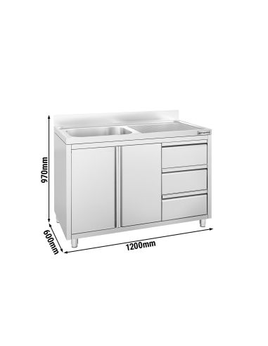 Meuble plonge inox – 1200 x 600 mm – 1 bac à gauche – 3 tiroirs