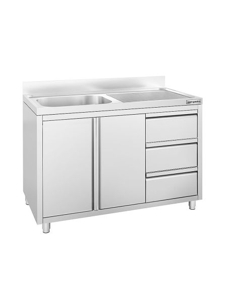 Meuble plonge inox – 1200 x 600 mm – 1 bac à gauche – 3 tiroirs
