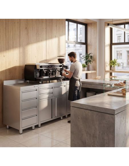 Meuble inox pour machine à café - 800 x 600 mm - 2 tiroirs - Bac à marc de café