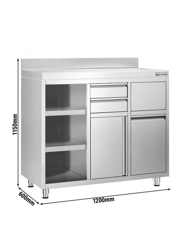 Meuble inox pour machine à café - 1200 x 600 mm - 2 tiroirs - Étagère réglable gauche