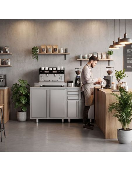Meuble inox pour machine à café - 1000 x 600 mm - 2 portes battantes