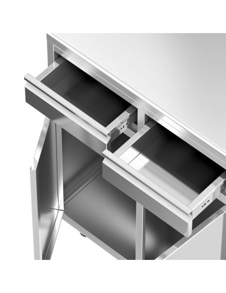 Meuble inox pour machine à café - 800 x 600 mm - 2 tiroirs - 2 portes battantes - Trappe à déchets