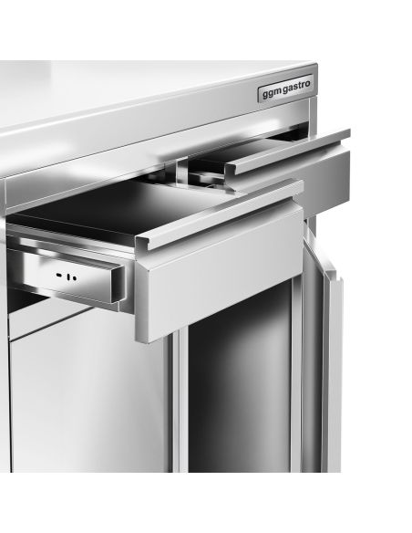 Meuble inox pour machine à café - 800 x 600 mm - 2 tiroirs - 2 portes battantes - Trappe à déchets