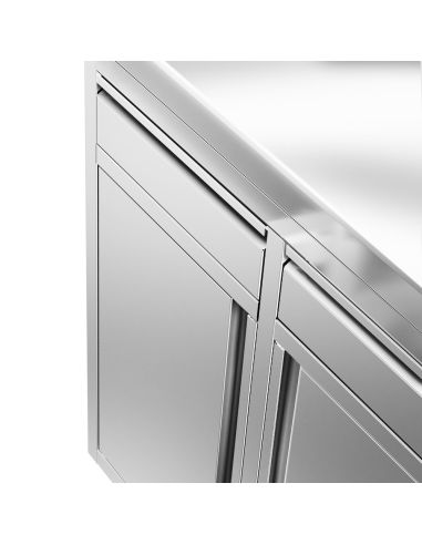 Meuble inox pour machine à café - 800 x 600 mm - 2 tiroirs - 2 portes battantes - Trappe à déchets