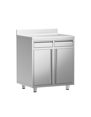 Meuble inox pour machine à café - 800 x 600 mm - 2 tiroirs - 2 portes battantes - Trappe à déchets