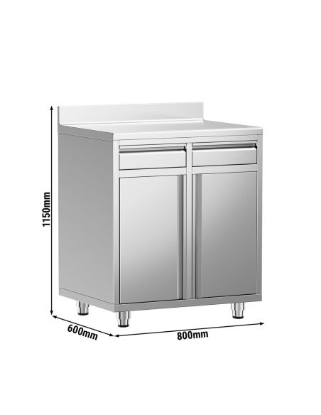 Meuble inox pour machine à café - 800 x 600 mm - 2 tiroirs - 2 portes battantes - Trappe à déchets