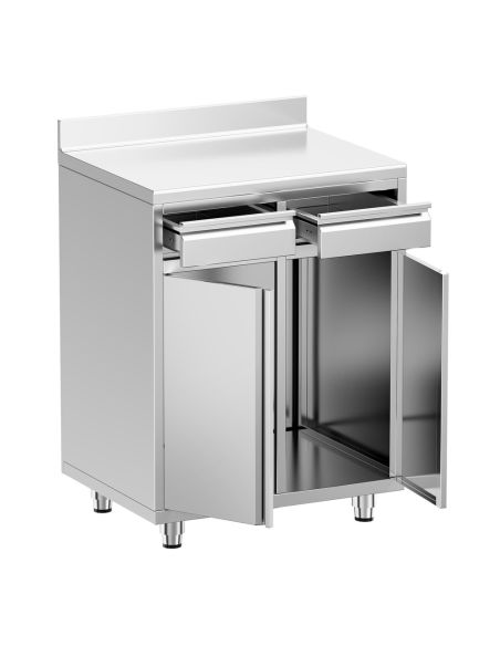 Meuble inox pour machine à café - 800 x 600 mm - 2 tiroirs - 2 portes battantes - Trappe à déchets