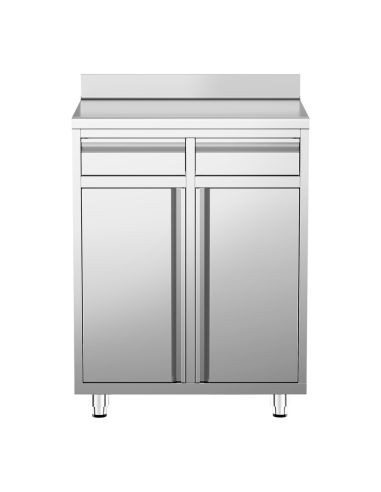 Meuble inox pour machine à café - 800 x 600 mm - 2 tiroirs - 2 portes battantes - Trappe à déchets