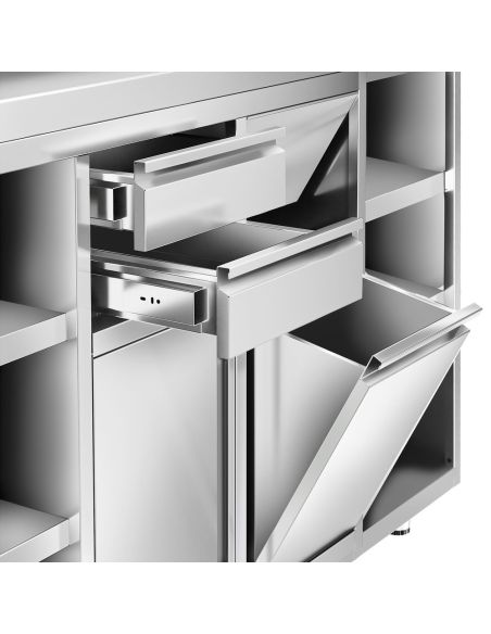 Meuble inox pour machine à café - 1600 x 600 mm - 2 tiroirs - 2 portes battantes