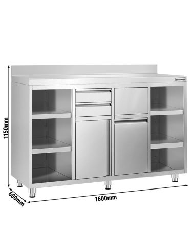 Meuble inox pour machine à café - 1600 x 600 mm - 2 tiroirs - 2 portes battantes