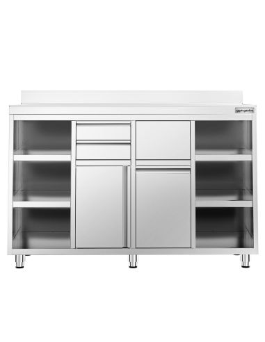 Meuble inox pour machine à café - 1600 x 600 mm - 2 tiroirs - 2 portes battantes