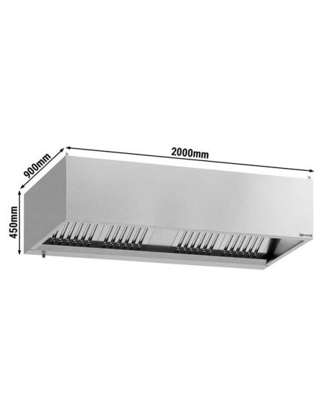 Hotte caisson inox statique 2m avec filtre et éclairage | Profondeur 900 mm