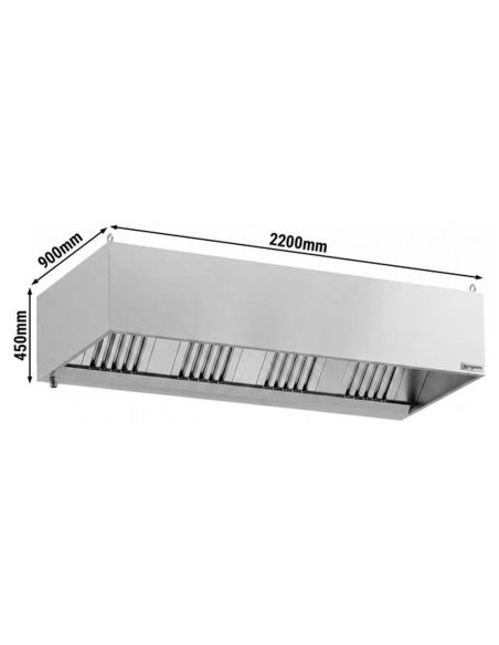 Hotte caisson inox statique 2m20 avec filtre et éclairage | Profondeur 900 mm