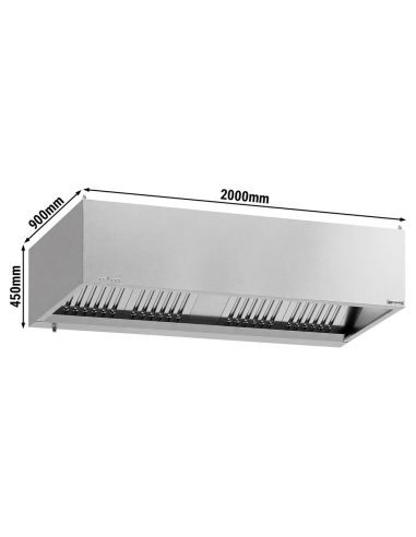 Hotte caisson inox 2m avec moteur, régulateur, filtre et éclairage | Profondeur 900 mm