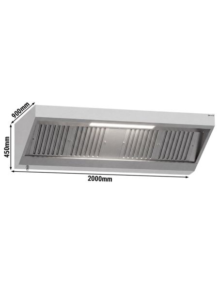 Hotte murale inox statique 2m avec filtre et éclairage | Profondeur 900 mm