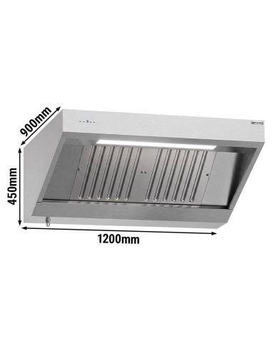 Hotte murale inox 1m20 avec moteur, régulateur, filtre et éclairage | Profondeur 900 mm