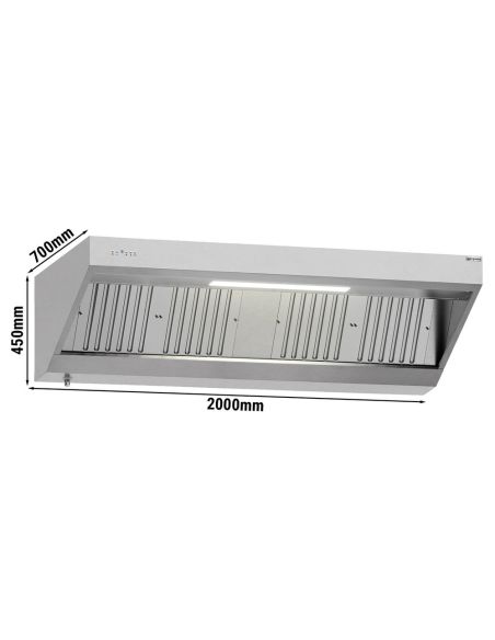 Hotte murale inox 2m avec moteur, régulateur, filtre et éclairage | Profondeur 700 mm