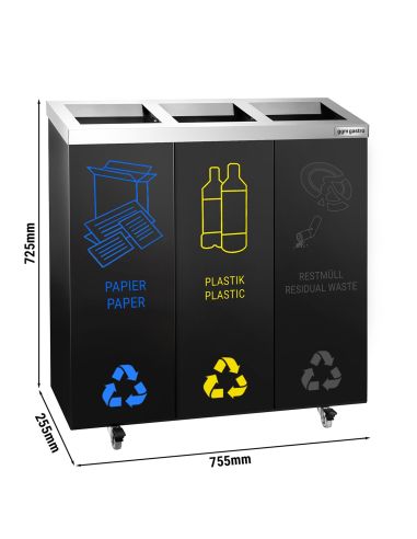 Poubelle de tri sélectif carénée 75 L - 3 bacs 25 L - Acier noir - Roulettes - Autocollants inclus