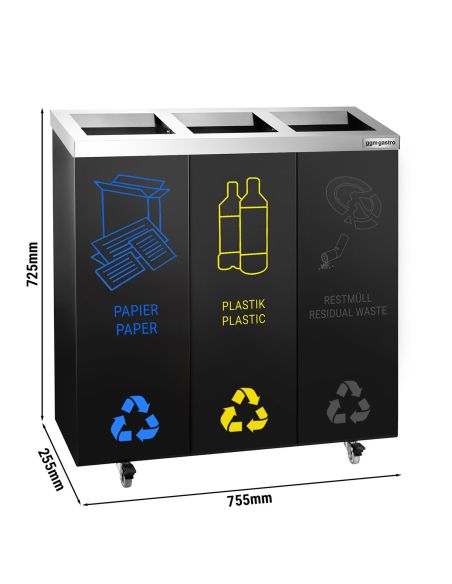 Poubelle de tri sélectif carénée 75 L - 3 bacs 25 L - Acier noir - Roulettes - Autocollants inclus