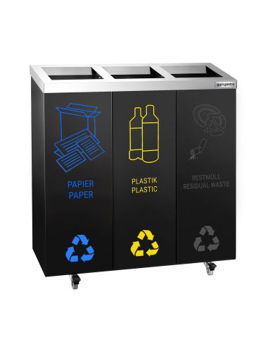 Poubelle de tri sélectif carénée 75 L - 3 bacs 25 L - Acier noir - Roulettes - Autocollants inclus
