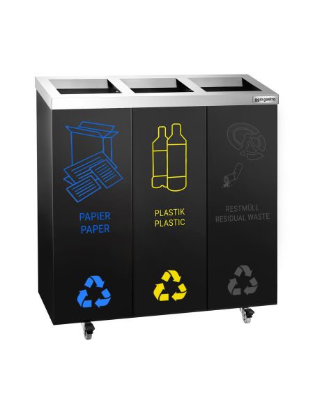 Poubelle de tri sélectif carénée 75 L - 3 bacs 25 L - Acier noir - Roulettes - Autocollants inclus