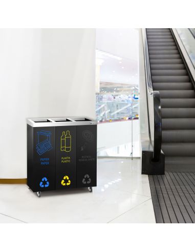 Poubelle de tri sélectif carénée 75 L - 3 bacs 25 L - Acier noir - Roulettes - Autocollants inclus